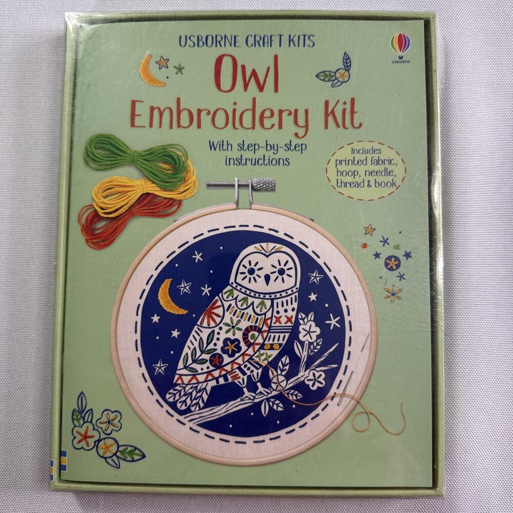 Usborne Owl Embroidery Kit Craft Set Bamboo Hoop Fabric Thread Book 7+ Unused
